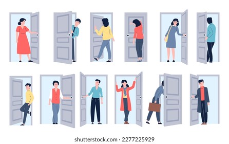 People come in and out. Entrance door, entering adults and business person. Leaving home, come back to office. Open close doors, flat recent vector characters