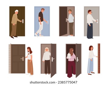 People come in and out. People opening doors. Exiting scene set. Leaving home, come back to office. Open close doors