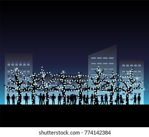 people come out to see the trees decorated with light in the city, illumination festival concept. silhouette vector