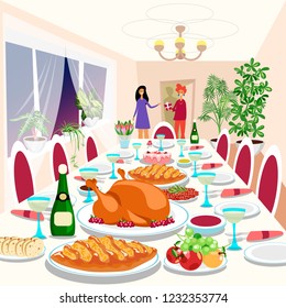 people come to visit on thanksgiving. festive table with a Turkey