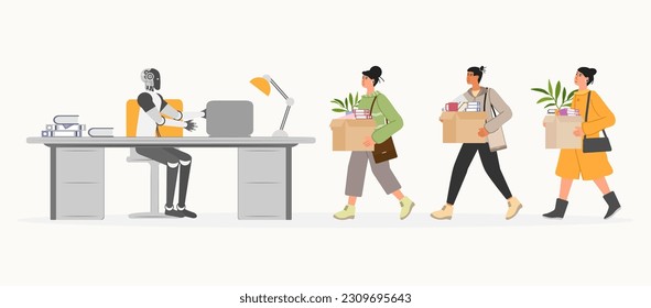 La gente viene a trabajar con cajas. Robot se encuentra, extiende su mano para saludar. Contratación de trabajadores. Cooperación, trabajo conjunto. Concepto de oficina. Contratación en el trabajo. Inteligencia artificial Ilustración vectorial