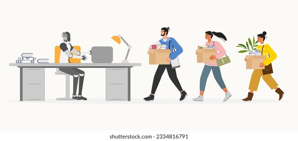 People comes to work with box. Robot meets, stretches out her hand to greet. Worker Recruitment. Cooperation, joint work. Office concept. Hire at job. Artificial intelligence Vector illustration