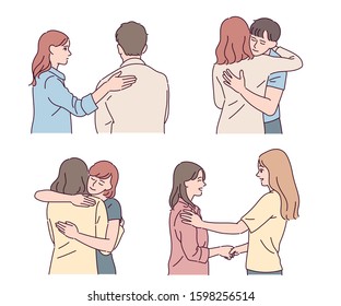 People are comforting by hugging each other warmly  hand drawn style vector design illustrations  