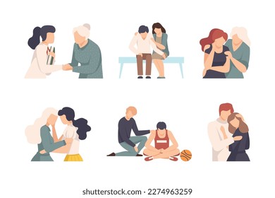 People comforting each other by hugging set. Friendship, understanding, acceptance cartoon vector illustration
