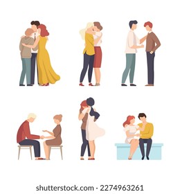 People comforting each other by hugging set. Friends or relatives caring about each other. Friendship, understanding, acceptance cartoon vector illustration