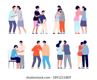 People comforting. Man support, comforted shoulder hugs or emotional characters. Persons together, empathy girl and comfort utter vector set