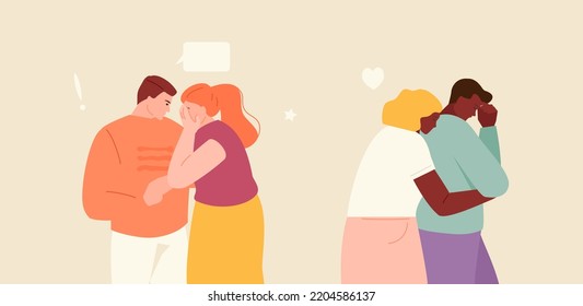 People comforting their friends. Love and care, psychological support, empathy and hugs. Vector illustration
