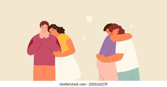 People comforting their friends. Love and care, psychological support, empathy and hugs. Vector illustration