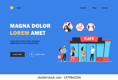 People coming to cafe during coronavirus pandemic. Catering, recreation, queue. Flat vector illustration. Pandemic concept can be used for presentations, banner, website design, landing web page