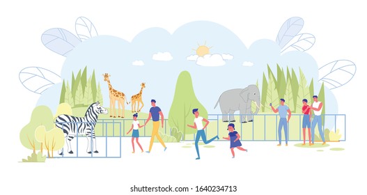 People Coming to Zoo, Parents with Children Watching Animals at Excursion Flat Cartoon Vector Illustration. Giraffes, Elephants and Zebra Walking on Nature behind Fence. Kids Having Fun.