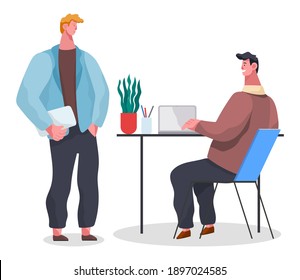 People in common workflow. Office workers male characters meeting, discussing matters in cabinet . Business people dressed in formal clothes are talking, communicating. Employee is talking with chef
