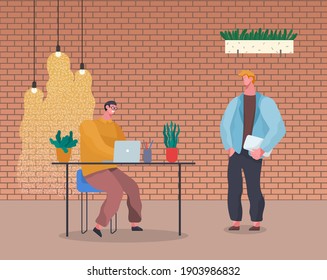 Personas en un flujo de trabajo común. Encuentro de personajes masculinos de los trabajadores de oficina, discutiendo asuntos en sala. Las personas de negocios vestidas con ropa formal están hablando, comunicándose. El empleado habla con el chef