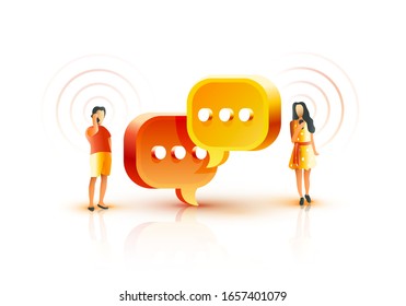People communicate by mobile phone, chat with each other, exchange information, happy people chat. Vector illustration