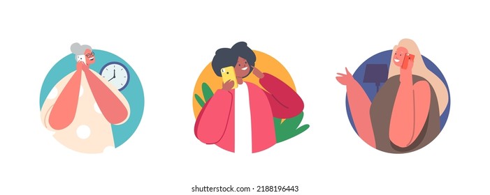 People Communicate By Mobile Phone Isolated Round Icons Or Avatars. Senior, Adult And Young Women Characters Speaking By Smartphones. Granny, Mother And Daughter Call. Cartoon Vector Illustration