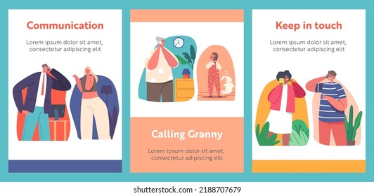 People Communicate by Mobile Phone Cartoon Banners. Granny and Little Grandson, Adult Couple and Teenagers Characters Speaking by Smartphones. Kids, Men and Women Calling and Chatting. Vector Posters