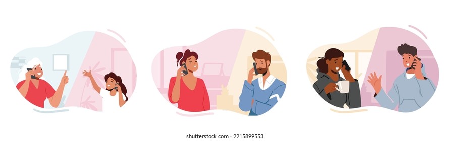 People Communicate by Mobile Phone. Granny and Little Granddaughter, Adult Couple and Teenagers Characters Speaking by Smartphones. Teens, Men and Women Call and Chat. Cartoon Vector Illustration