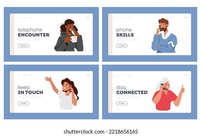 Menschen kommunizieren per Handy Landing Page Template Set. Oma, Erwachsene und Jugendliche Charaktere, die mit Smartphones sprechen. Jugendliche, Männer und Frauen rufen an und chatten. Cartoon-Vektorgrafik