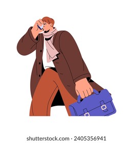 People communicate by phone on the go to work, office. Hurry worker calls by smartphone, carrying briefcase. Young man in coat, scarf walking. Flat isolated vector illustration on white background