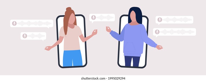 La gente se comunica por mensajes de voz. Ilustración vectorial de color en forma de dibujos animados planos