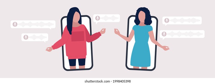 People communicate by voice messages. Colored vector illustration in flat cartoon style