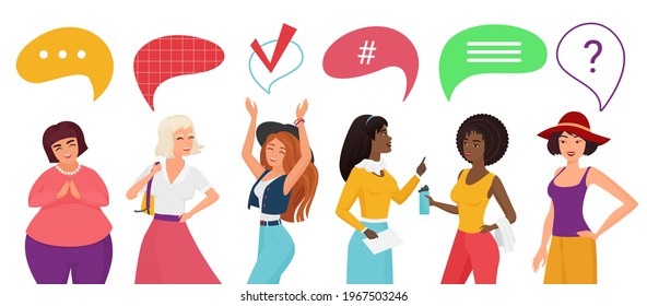 People communicate with chat message bubble above head vector illustration. Cartoon bubbling speech communication, group of girl woman diverse friend characters discussion conversation background