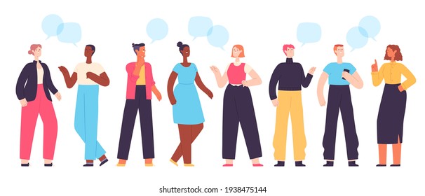 People Communicate. Diverse Character Group Chatting And Talking. Flat Students With Dialogue Speech Bubbles. Social Conversation Vector Set