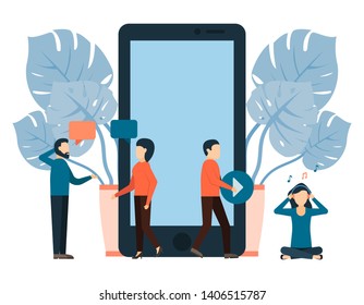 People communicate with each other, listen to music with headphones, mobile phone as the main element decorated with leaves, the interaction of characters, men and women illustrate the function of the