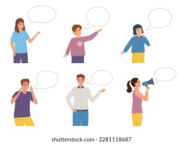 People communicate flat icon set men and women talking directly over the phone over the loudspeaker and text cloud next to them vector illustration