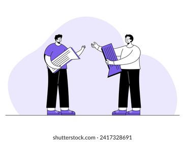 People communicate flat illustration, Conversation between business people standing with speech bubbles, Discussion, Networking, Business communication, Forum, Brainstorming, Meeting, Chatting