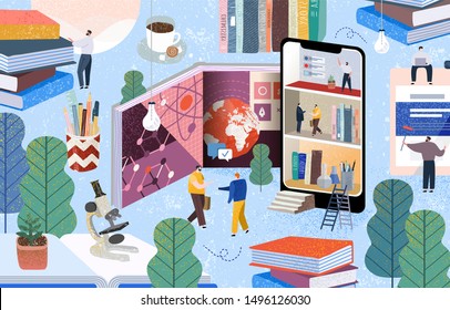 La gente se comunica y gana conocimiento a través de libros, Internet y el teléfono. Ilustración vectorial del aprendizaje en línea en la World Wide Web, la digitalización de los negocios, la educación y la formación.
