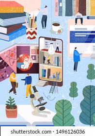 People communicate and gain knowledge through books, the Internet and the phone. Vector illustration of online learning on the World Wide Web, digitalization of business, education and training.
 
