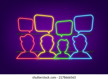 People Communicate neon icon, Ask Questions, Searching Solution. Dialog, chat speech bubble. Vector stock illustration.