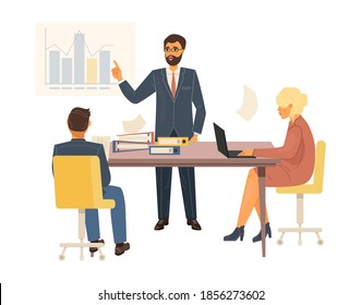 People communicate on planning, hold meetings with growth charts. Collaboration in business team, success, cooperation in achieving goal. Business partners discussing prospects. Vector illustration.