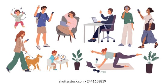 People communicate on social media networks. Internet surfing. Woman reading books. Man listening to music. Phones and laptops using. Video training. Selfie photo. Garish