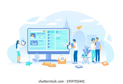 People communicate on a social network, read posts, give likes. Online internet communication. Web page interface, media apps and services. Working process, teamwork communication. Vector illustration
