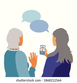 People communicate online, online communication on social network and media, instant communication concept. Hand drawn illustration in modern, trendy colors, vector illustration.