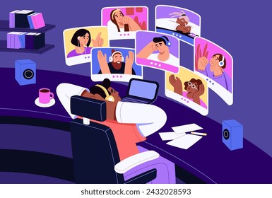 La gente se comunica en una videoconferencia en línea. El equipo del colega habla en una reunión virtual. Amigos chatean en la red de distancia. Trabajo en equipo remoto, comunicación digital. Ilustración vectorial plana