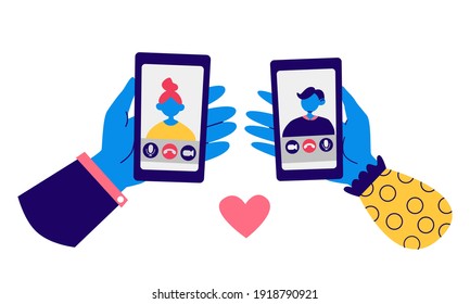 People communicate online. Video call concept. Male, female hands and smartphones. Distant love, online dating, video chat illustration. Cartoon smartphone screen: video call app. Vector Eps stock set