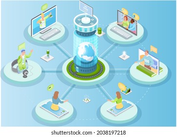 People communicate online. Virtual meeting or conference via social media. Chatting by videochat, videoconferencing using green technology. Online communication via Internet, social network