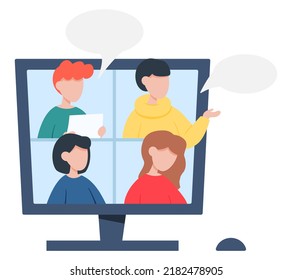 People communicate online. Virtual meeting or conference. Man and woman chatting by videochat, videoconferencing using green technology. Online communication via Internet and data transmission