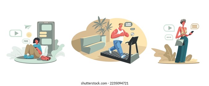 La gente se comunica en línea sentada, haciendo deportes, afuera, usando gadgets. El concepto de caracteres de charla es plano. Amigos usando la aplicación, mensajero para chatear. Ilustración del vector
