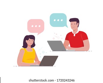 People Communicate Over Internet Using Computer. Vector Illustration