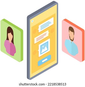 People communicate sharing data and news in social media, use calls and messages from contact list. Characters using worldwide connection, global system community. User profiles exchange data