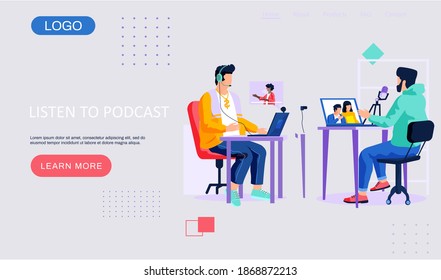 People communicate through podcasts and webinars. Men in recording studio webpage template. Internet technology landing page, characters speaking into the microphone, guys talking at a distance