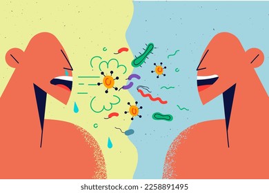 People communicate transfer bacteria from one to another. Unhealthy person talk with healthy friend share virus by air. Vector illustration. 