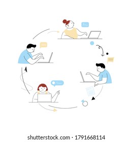 People communicate using apps on their laptop. Online communication concept. Vector illustration in a flat style.