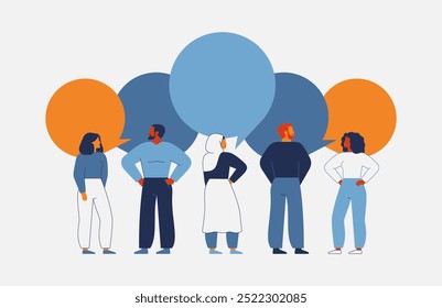 People communicate via big speech bubbles. Men and women stand group and talk. Brainstorm, diversity and freedom of thoughts in the business team. Crowd voice and social media concept. Vector