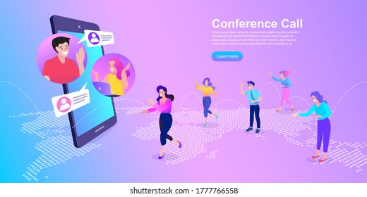 People communicate via phone using video conferencing. Online work from home meeting. Vector Illustrations flat design.