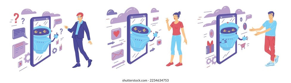 People communicating with cute friendly chatbot via mobile app, flat vector illustration isolated on white background. Friendly communication of customers support bot.