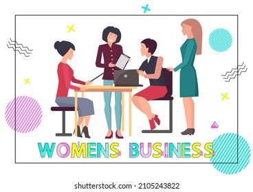 People communicating, discussing work in conference room. Female workers brainstorming, having teambuilding. Colleagues discuss business development. Women in business at meeting vector illustration